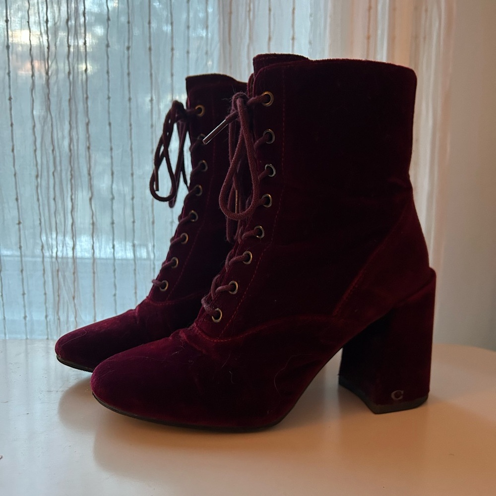 Coach Velvet Lace Up Boots - Deep Red